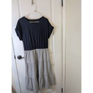 Talbots Navy Blue Striped Mixed Media Tiered Midi Dress Womens Large 100% Cotton